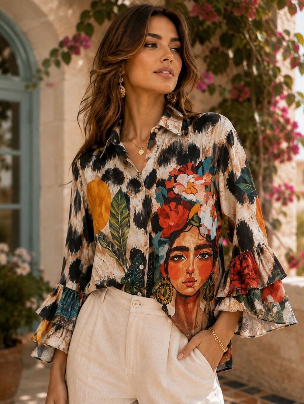 OA 42 Made In Italy Artistic Floral Freda Portrait Button-Up Blouse